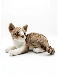 PELUCHE GATO ATIGRADO BLANCO BEIGE Y GRIS ACOSTADO 30cm