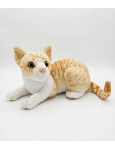 PELUCHE GATO ATIGRADO NARANJA Y BLANCO ACOSTADO 30cm